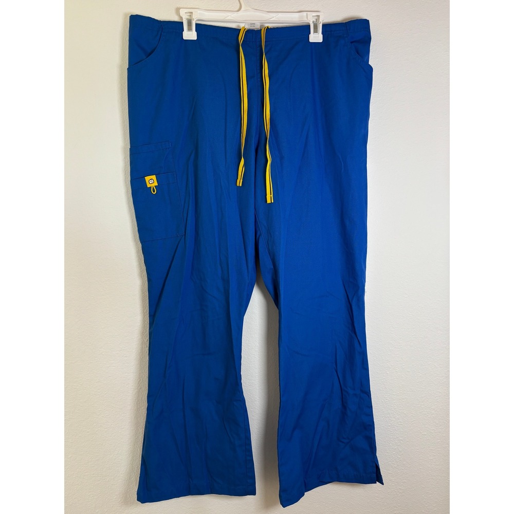 WonderWink Origins Scrub Pants Womens 2XL Blue Yellow Drawstring Cargo Pockets